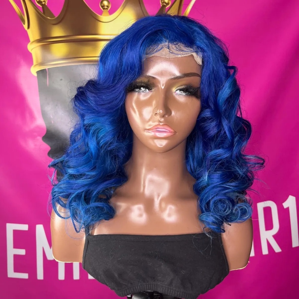 New 18inch Indigo Blue Brazilian Remy Human Hair 4x4 Lace Closure Wig